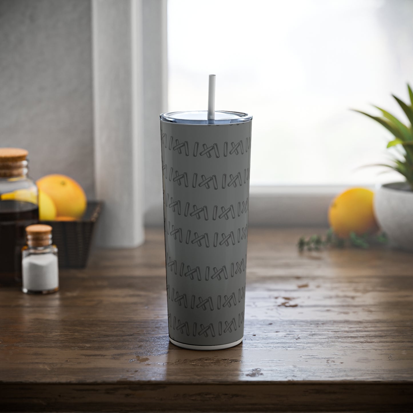 Skinny Steel Tumbler with Straw, 20oz, Stitching Design