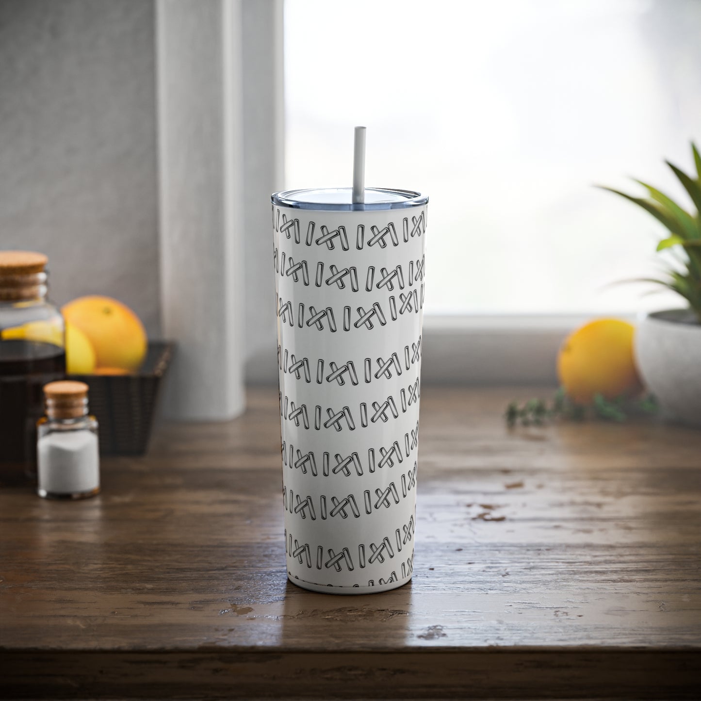 Skinny Steel Tumbler with Straw, 20oz, White Stitching Design